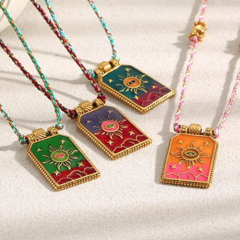 Collar Colgante Carta Tarot Sol Ojo Acero Inoxidable Chapado En Oro 18K Esmalte Cuerda Trenzada Colorida Joyas Mujer