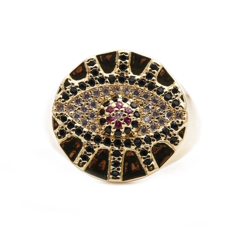 Anello Turco Malocchio Rame Placcato Oro Zirconi Colorati Micro Pavé Anello Aperto Regolabile Per Donna