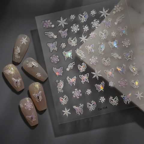 Schmetterling Schneeflocke 5D Geprägte Nagelaufkleber Holografische Laser Selbstklebende Abziehbilder DIY Maniküre Dekoration