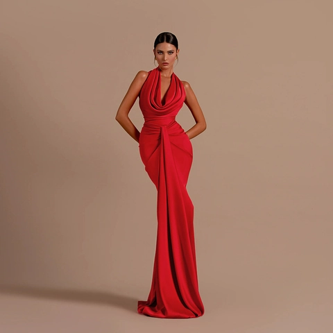 Sexy Halter Neck Backless Satin Maxi Dress Red Glossy Formal Evening Party Gown For Women