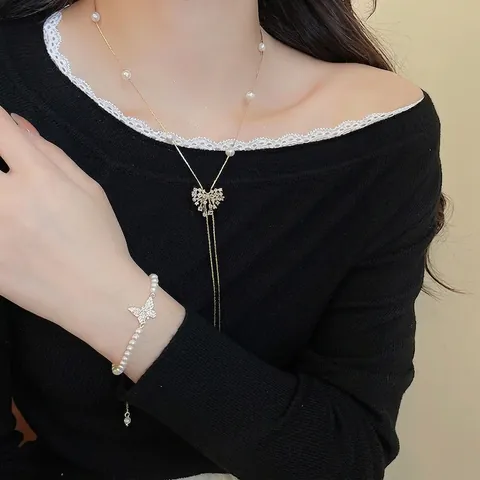 Elegante Collar Y Pulsera De Mariposa Chapados En Oro De 18K Con Circón Perla Artificial De Imitación Para Mujer Joyería De Nicho Romántico