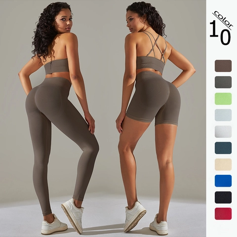 Conjuntos De Yoga Sin Costuras De Canalé Para Mujer Cintura Alta Control De Barriga Sujetador Deportivo Leggings Shorts
