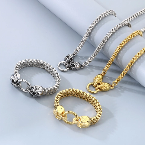 Collana E Bracciale Da Uomo In Acciaio Inossidabile Catena Cubana Intrecciata Chiusura A Teschio Punk Hip Hop Gotico