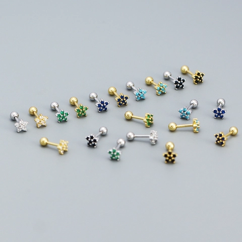 Flower Stud Earrings With 925 Sterling Silver Earring Post Zircon Turquoise Inlay Screw Ball Back Small Minimalist Jewelry