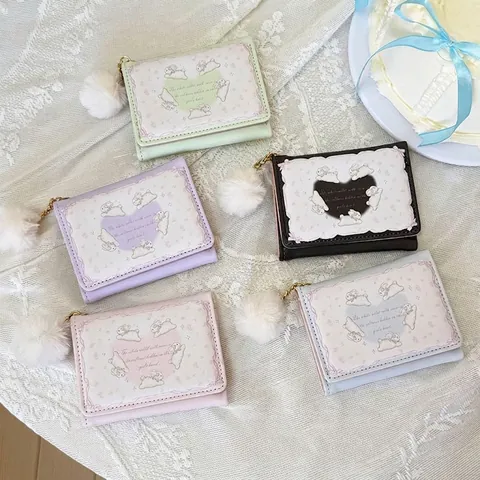 Cute Rabbit Print Short Foldable Wallet PU Leather Multi Card Slots Heart Photo Window Pom Pom Charm Sweet Style