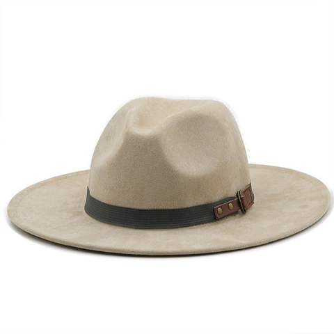 Fedora Hat Faux Suede Wide Brim Western Cowboy Style Ribbon Decorative Leather Buckle Metal Rivet Unisex Outing