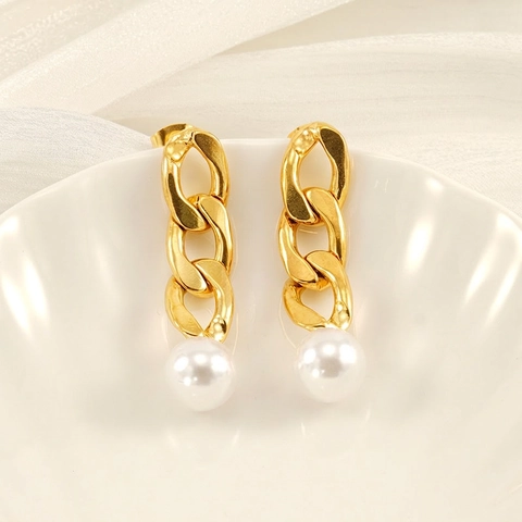 Orecchini Lunghi Placcati Oro 18K Acciaio Inossidabile Catena Cubana Perla Artificial Bianca Rotonda Gioielli Eleganti Donne