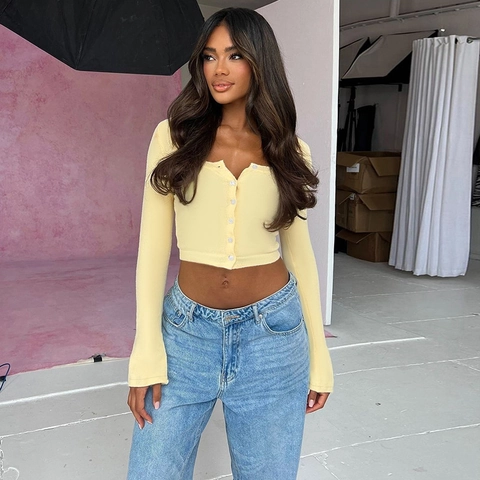 Women Long Sleeve Knit Cardigan Ribbed Square Neck Slim Fit Button Up Crop Top Casual Versatile Sweater