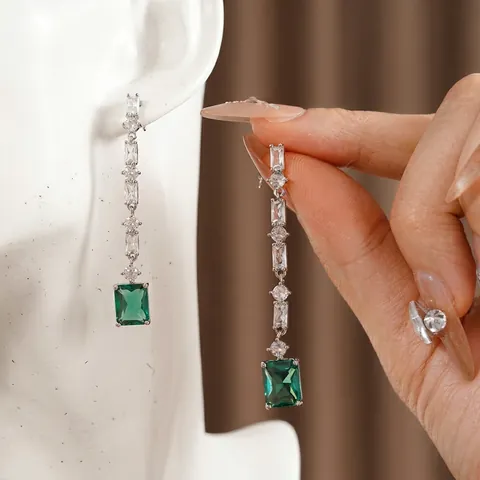 Lange Hangende Oorbellen Met Zilveren Oorsteker Koper Zirkoon Smaragdgroen Rechthoek Drop Retro Luxe Mode Voor Vrouwen