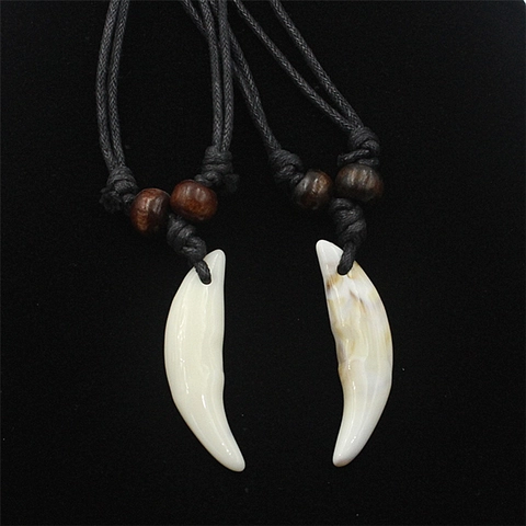 Collar Colgante Diente De Lobo Acrílico Estilo Tribal Étnico Con Cuentas De Madera Cuerda Trenzada Negra