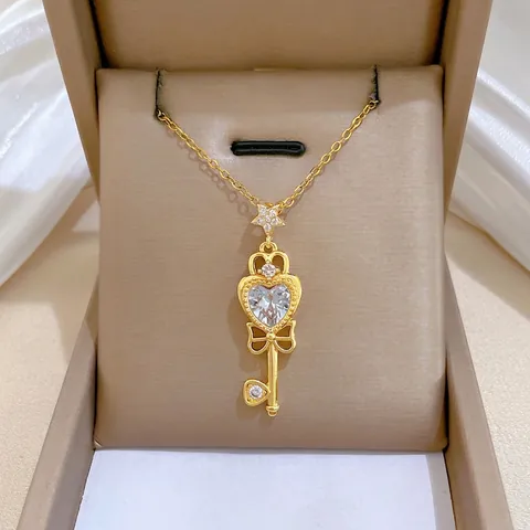 Hart Sleutel Hanger Ketting Roestvrij Stalen Ketting Koper Micro Pave Zirkoon Strik Ster Verguld Sieraden Vrouwen