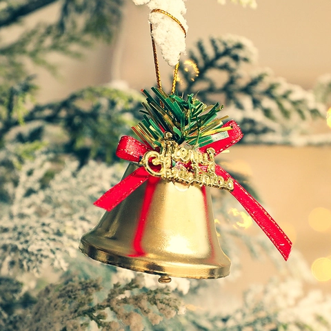 Campanelli Per Decorazioni Albero Di Natale In Metallo Dorato Con Fiocco Rosso Scritta Merry Christmas Ornamenti Appesi
