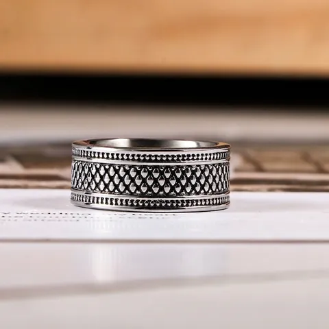 Anello In Acciaio Inossidabile A Scacchi Vintage Per Uomo Donna Punk Retrò Fascia Larga Con Bordo Perlato Gioielli Hip Hop