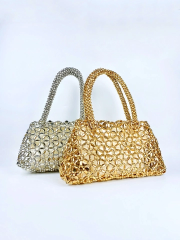 Handgefertigte Künstliche Perlenhandtasche Ausgehöhlte Gewebte Künstliche Perlentasche Glänzende Metallische Mode Casual Tasche Für Damen