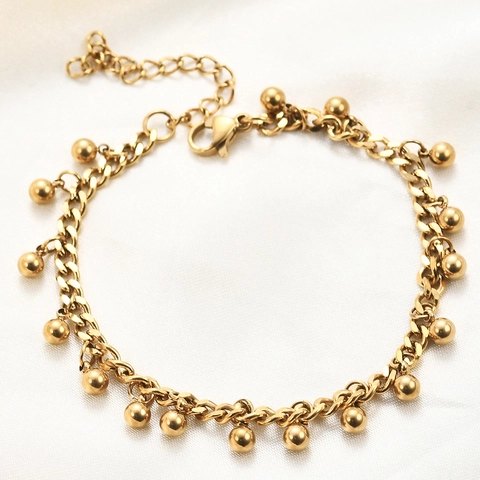 Bracelet À Breloques En Perles Rondes Acier Inoxydable Chaîne Réglable Bijoux De Mode Élégants Pour Femmes