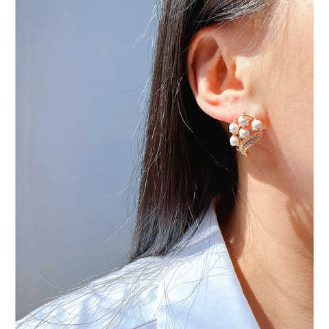 Lily Of The Valley Stud Earrings Brass White Enamel Zircon Flower Floral Elegant French Retro For Women