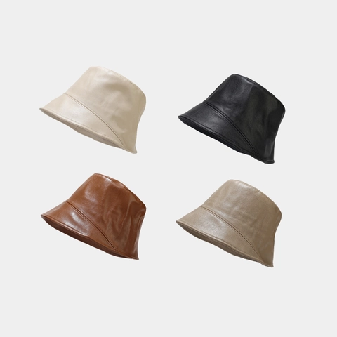 Bucket Hat Damen PU Leder Einfarbig Wasserdicht Winddicht Warm Herbst Winter Minimalistisch Mode Kopfbedeckung