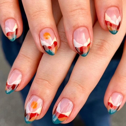 Unghie Finte Corte Tonde Design Astratto Montagna Tramonto Plastica ABS Per Donne Manicure Elegante