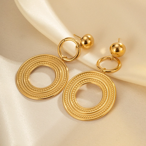 Large Round Textured Earrings Gold Plated Stainless Steel Geometric Concentric Circle Bohemian Retro Style For Women
