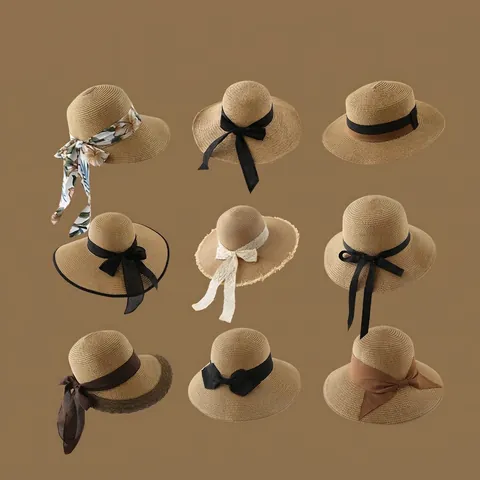 Sombrero de Paja Vintage Francés para Mujer Ala Ancha Sombrero de Sol de Playa Plegable de Papel Tejido con Lazo de Cinta para Viaje