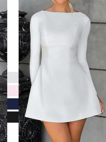 Women Elegant Solid Color Long Sleeve Mini Dress A-Line Slim Fit Boat Neck Polyester Elastane With Pockets