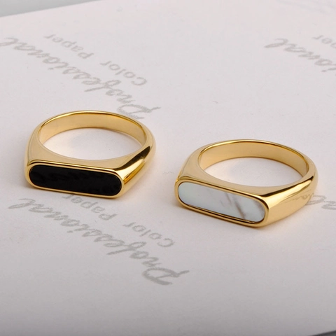 Minimalist Geometric Rectangular Shell Inlay Copper Gold Plated Ring For Women Ins Style Light Luxury