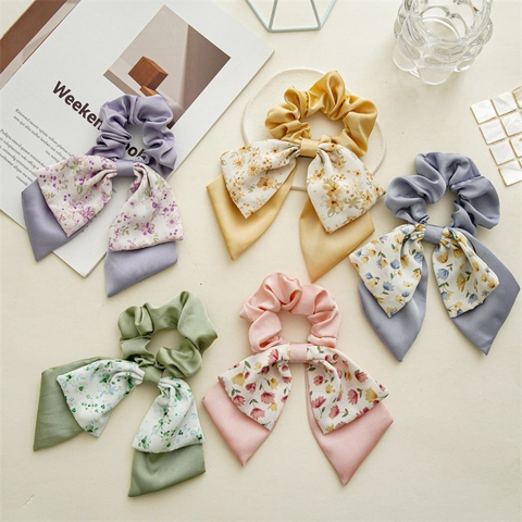 Floral Double Layer Bow Scrunchie Sweet Fabric Satin Ponytail Holder Hair Tie Streamer Elegant Hair Accessories Women