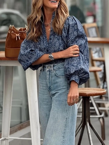 Dames Blouse Met Paisley Print Lantaarnmouwen Elegant V Hals Commuter Top Van Polyester En Spandex Shirt