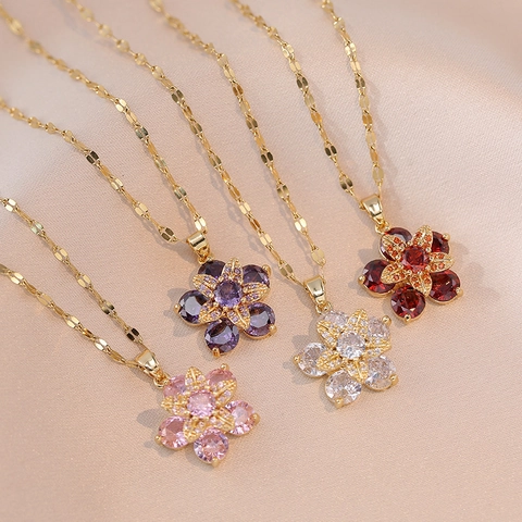 Elegant Rotating Flower Pendant Necklace Stainless Steel Zirconia Inlaid Clavicle Chain Jewelry For Wedding Party Women
