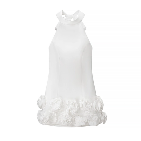 Damen Satin Neckholder Minikleid Ärmellos 3D Rosenblüten Saum Elegant Party Hochzeit Sexy Schick