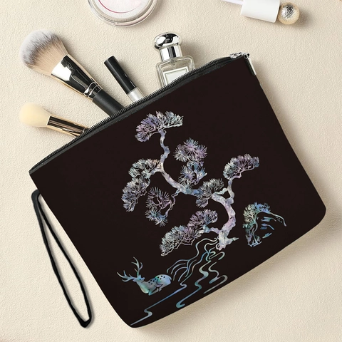 Borsa Cosmetica Portatile Imitazione Lino Laser Pino Cervo Stampa Viaggio Beauty Case Con Cinturino Da Polso Organizzatore