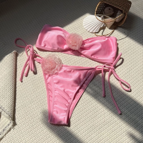 Bikini Top Bandeau Y Braguita Con Lazos Laterales Decoración Floral Poliéster Spandex Brillante Ropa De Playa Sexy
