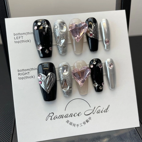 Handgefertigte Künstliche Nägel Schwarz Rosa 3D Herz Strass Sweet Cool Y2K Stil Glitzer Silber Metallic Schmuck Fake Nägel Für Damen