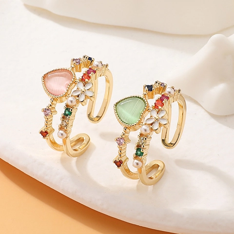 Exquisite Copper Heart Shaped Zirconia Open Adjustable Ring With Artificial Pearl Floral Accents Sweet Sweet Jewelry For Women