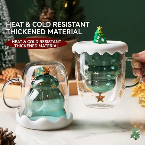 Weihnachtsbaum Doppelwandiger Glasbecher Aus Borosilikatglas Hitzebeständig Isolierte Tasse Mit Deckel Schneeflocken Geschenk