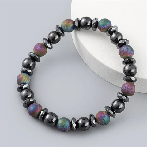 Hematite And Seven Color Frosted Stone Beaded Bracelet Elastic Minimalist Fashion Jewelry For Men And Women