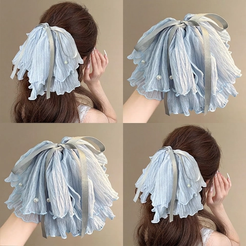 Oversized Plissiertes Netz Bow Haarklammer Für Damen Eleganter Shark Clip Mit Kunstperlen Und Satinband Zubehör