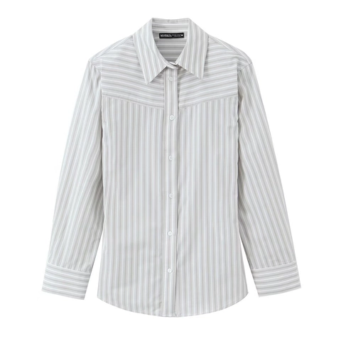 Striped Blouse Long Sleeve Lapel Collar Button Down Casual Loose Shirt Women Polyester Shoulder Pads