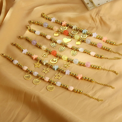 Kralen Armband Roestvrij Staal Kleurrijke Hars Ster Maan Hangers Verstelbaar Vergulde Sieraden Voor Dames