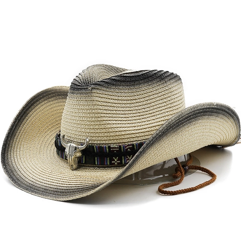 Western Cowboy Straw Hat With Gradient Color And Metallic Bull Head Decor Ethnic Band Sun Hat For Outdoor Beach