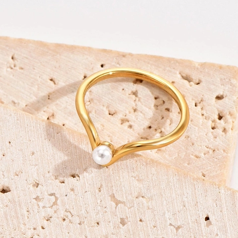 Minimalist V Shaped Wave Ring Gold Plated Titanium Steel Faux Artificial Pearl Decor Fashion Elegant Jewelry For Women