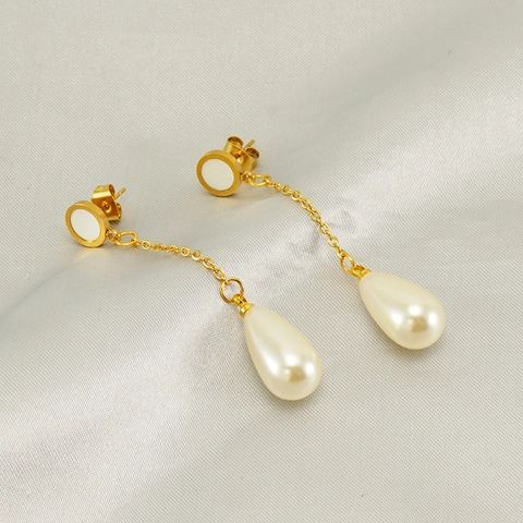 Vintage Teardrop Artificial Pearl Drop Earrings 18K Gold Plated Stainless Steel Long Tassel Elegant Jewelry For Women
