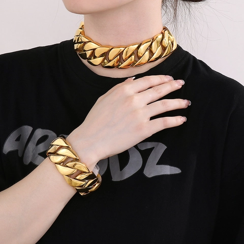 Heavy Cuban Link Jewelry Set 316L Stainless Steel Chunky Hip Hop Thick Necklace And Bracelet For Men Unisex Fashion