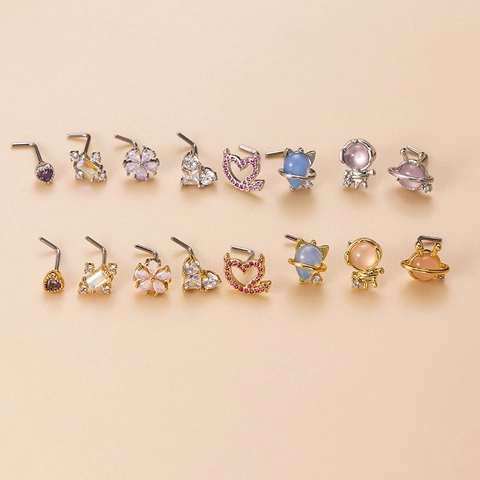 Piercing al Naso in Acciaio Inossidabile Zirconia Perno a Forma di L Fiore Cuore Croce Stella Pianeta Gioielli per Donna