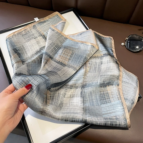 Fashionable Striped Grid Mulberry Silk Square Scarf Women Elegant Versatile Small Neck Scarf Handkerchief Headband