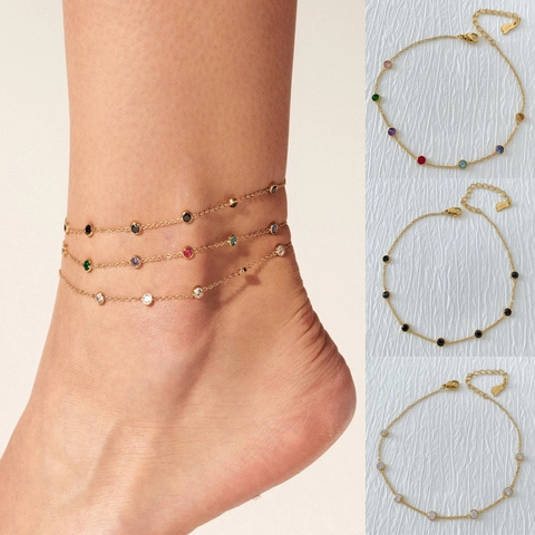 Stainless Steel Anklet Round Colorful Cubic Zirconia Bezel Set Minimalist Summer Beach Foot Jewelry For Women