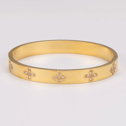 Bangle Bracelet 324 Stainless Steel Zircon Four-Leaf Clover Flower Inlaid Hinge Buckle Luxury Minimalist Jewelry For Women