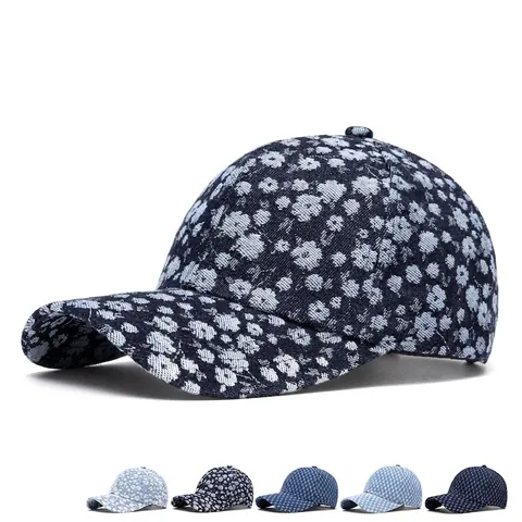 Baseball Cap Cotton Washed Denim Floral Jacquard Distressed Peaked Hat Adjustable Breathable Sun Protection For Unisex