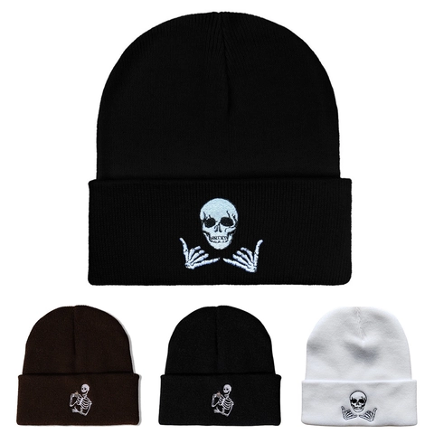 Strickmütze Beanie Acryl Warm Winddicht Halloween Skelett Stickerei Streetwear Punk Winter Gothik Erwachsene