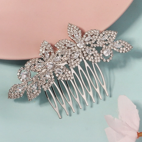 Pettine Per Capelli In Zircone Con Strass Argentati Fiore Foglia Sposa Matrimonio Festa Accessori Per Capelli Da Donna